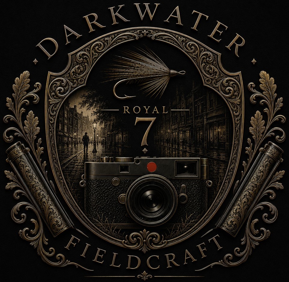 Darkwater FieldCraft crest: a fly above a city street at night and a rangefinder camera, framed by ornate scrollwork and two rod tubes